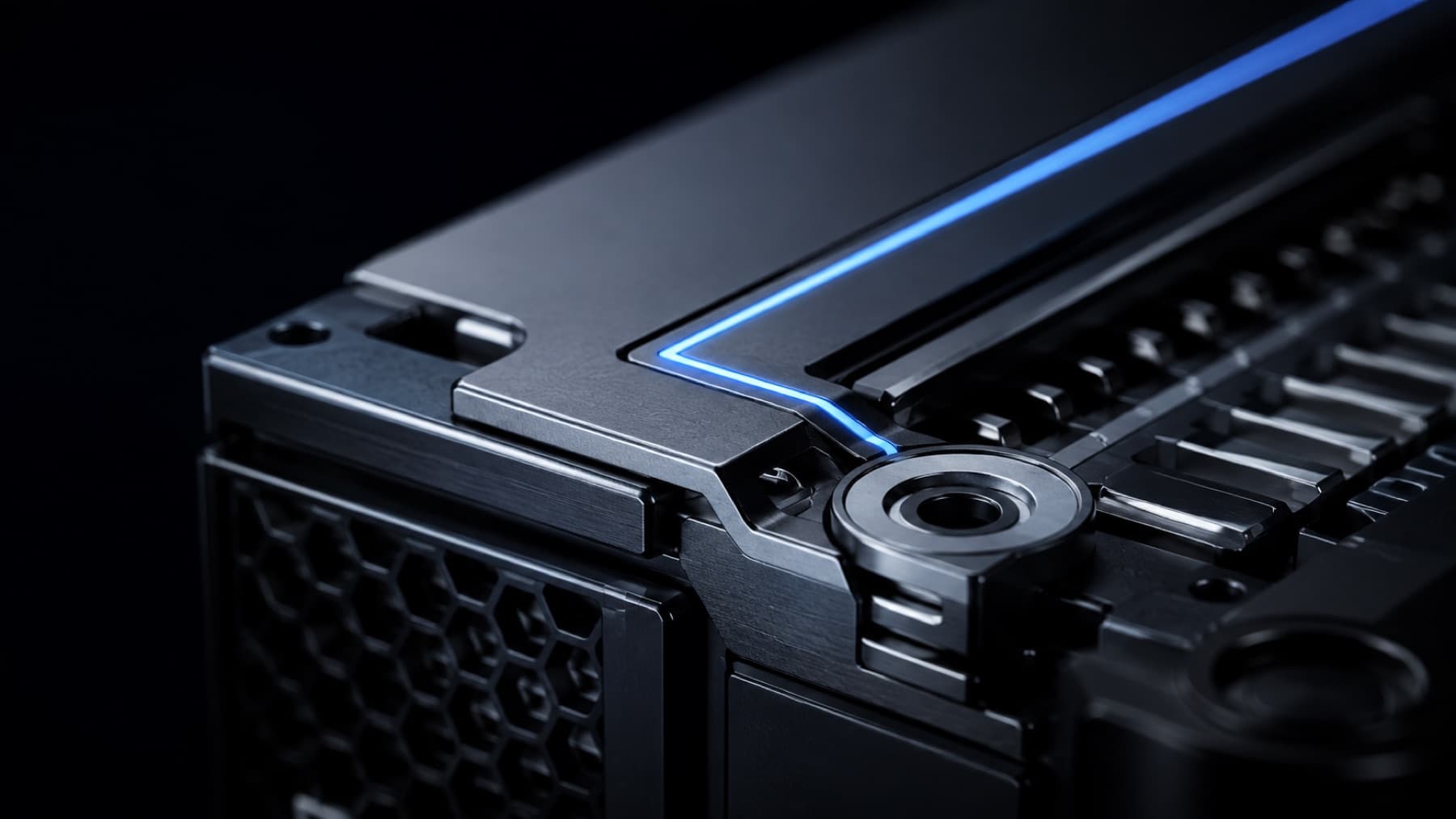A precision-machined module with a single blue light seam running through it.